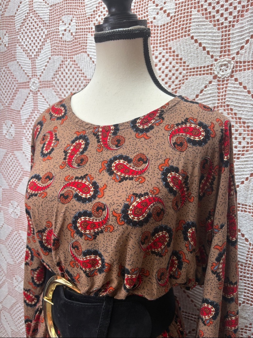 Vintage Paisley Maxi Dress Brown Red Boho Flowy One Size - Picture 3 of 10